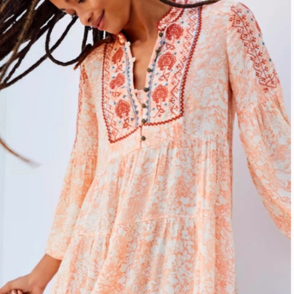 Anthropologie Peach and Red Embroidered Top